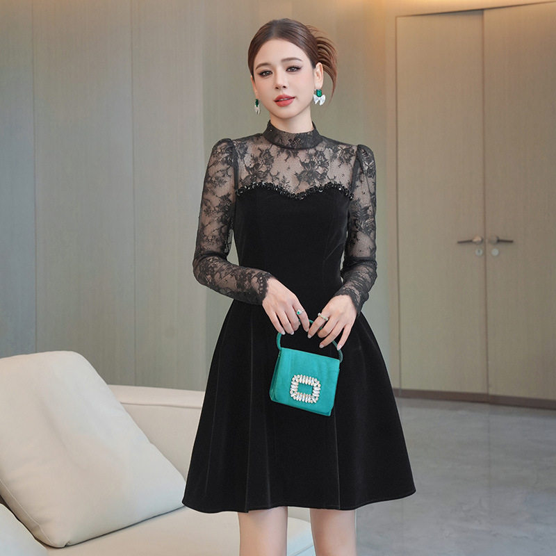 丝绒黑色连衣裙高雅夜店礼服裙