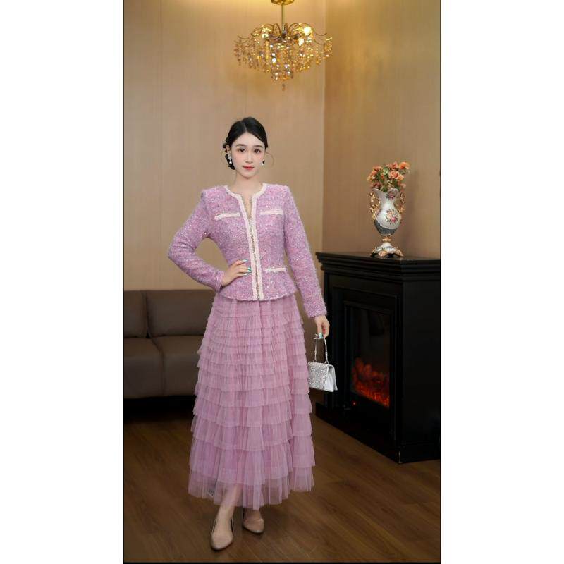 女士复古粗花呢网纱晚礼服