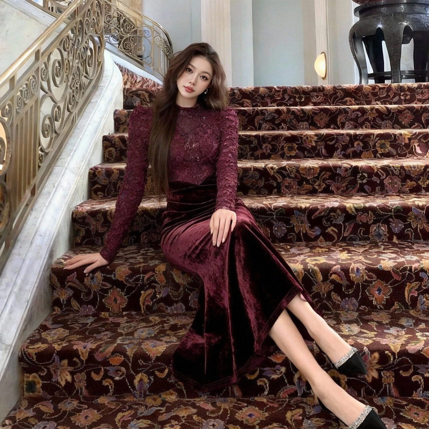 2026新款春装轻熟风气质蕾丝拼接修身丝绒连衣裙长袖内搭时尚女装