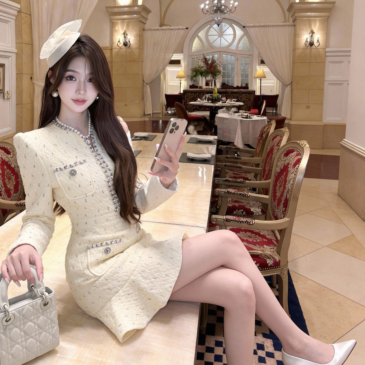 2026春新款重工镶钻修身鱼尾连衣裙miu千金风女士时尚包臀裙名媛
