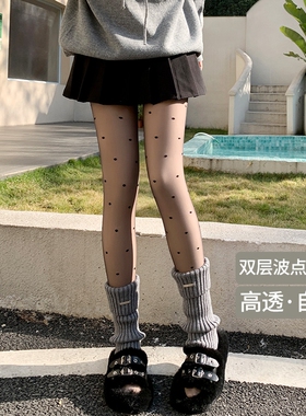 加绒波点黑丝女秋冬双层加绒黑丝光腿神器黑透肤圆点幂式加厚丝袜