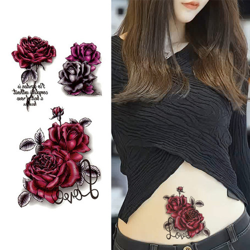 玫瑰花暗黑系防水女持久性感肚子剖腹产遮盖疤痕妊娠纹刺青纹身贴