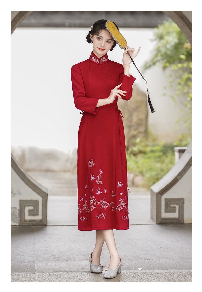 GSJ毛呢秋冬2024年新款中式改良加绒A版腰带修身刺绣旗袍连衣裙