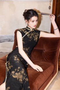 新中式提花丝绸黑色复古改良旗袍夏季修身显瘦国风连衣裙日常XD