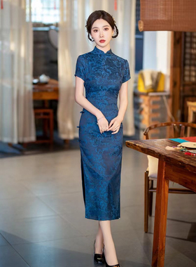 旗袍春夏2025年新款蓝色复古传统民国风提花短袖长款老上海侧八扣