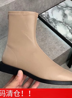 2024秋季新款90900090弹力靴复古后拉链方头粗跟加绒切尔西短靴女