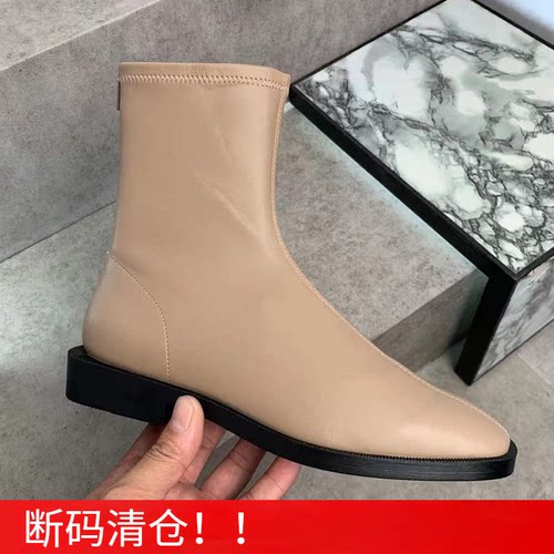 2024秋季新款90900090弹力靴复古后拉链方头粗跟加绒切尔西短靴女