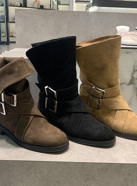 2025秋冬新款90580215低跟绒面可翻折短靴皮带扣圆头中筒西部靴女