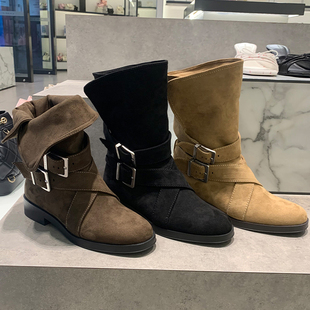 2025秋冬新款90580215低跟绒面可翻折短靴皮带扣圆头中筒西部靴女