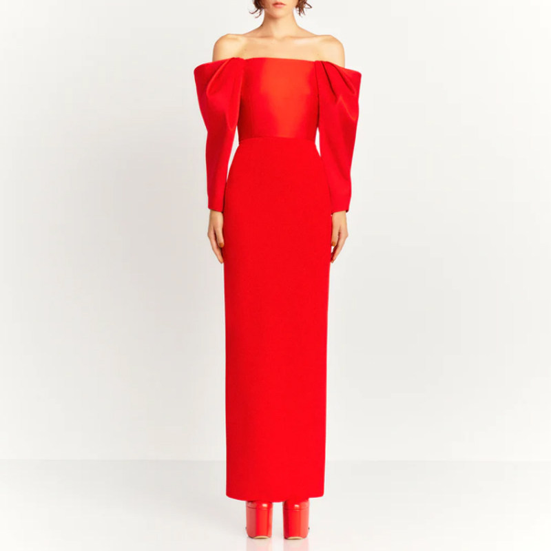 优雅一字肩晚礼服长裙红色气质2024新款舞台主持演出服年会连衣裙