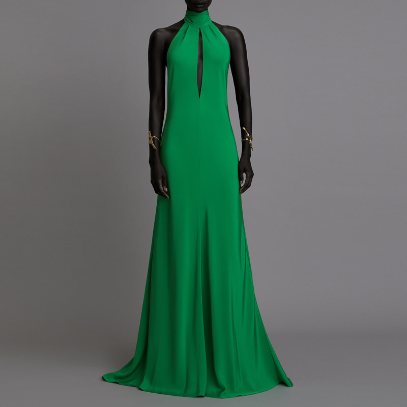 露背晚礼服鱼尾长裙2024新款性感挂脖模特走秀T台深v连衣裙年会女