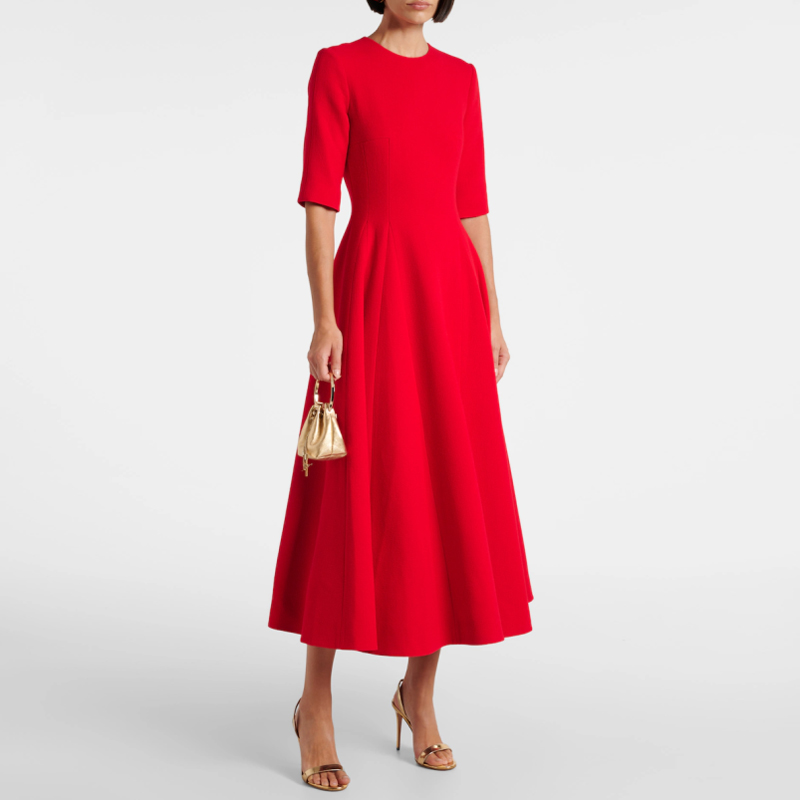时尚气质中袖中长款红色小礼服裙