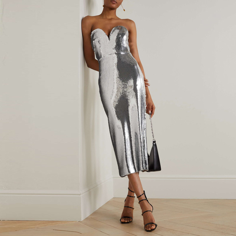亮片晚礼服中长裙2023新款高端气质年会小礼服舞台演出服连衣裙女