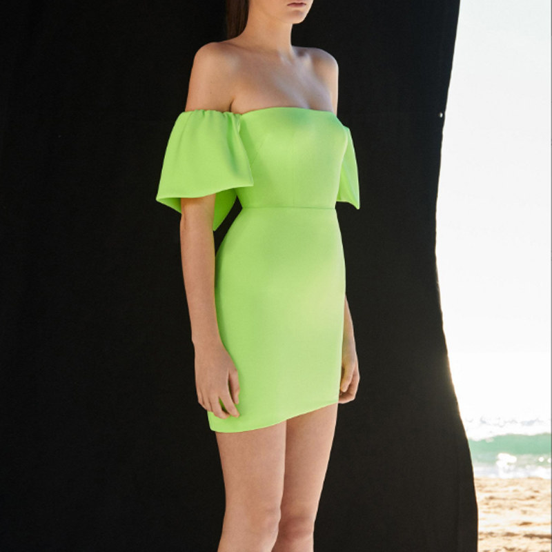 果绿色晚礼服女短款2026新款生日派对年会小礼服连衣裙个性一字肩
