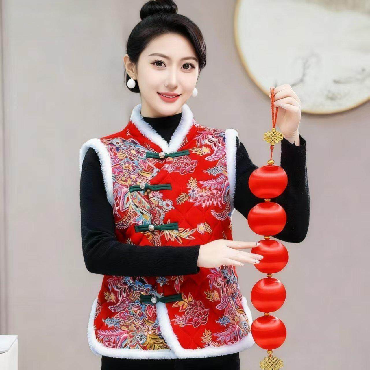 秋冬加绒中国风盘扣旗袍马甲