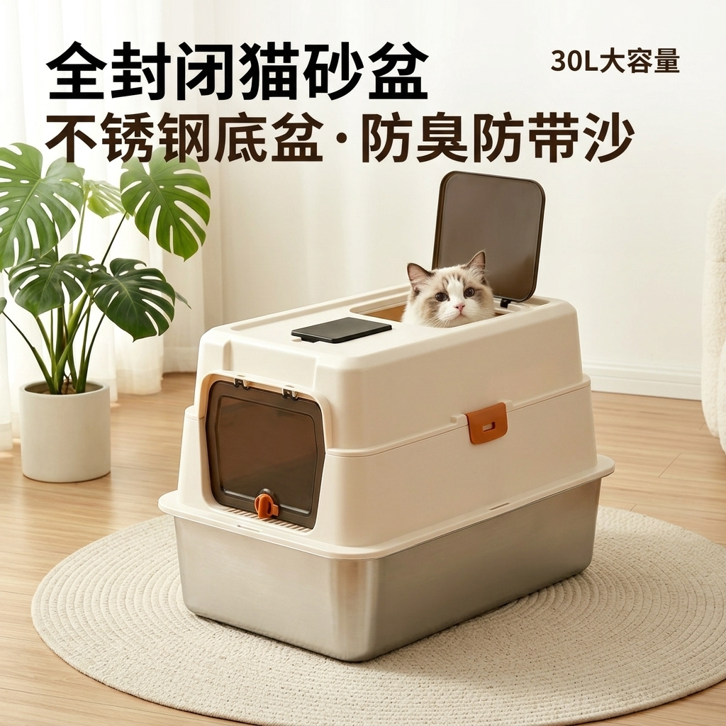 顶出封闭式猫砂盆全封闭不锈钢底盆大空间防臭防带沙大容量猫厕所