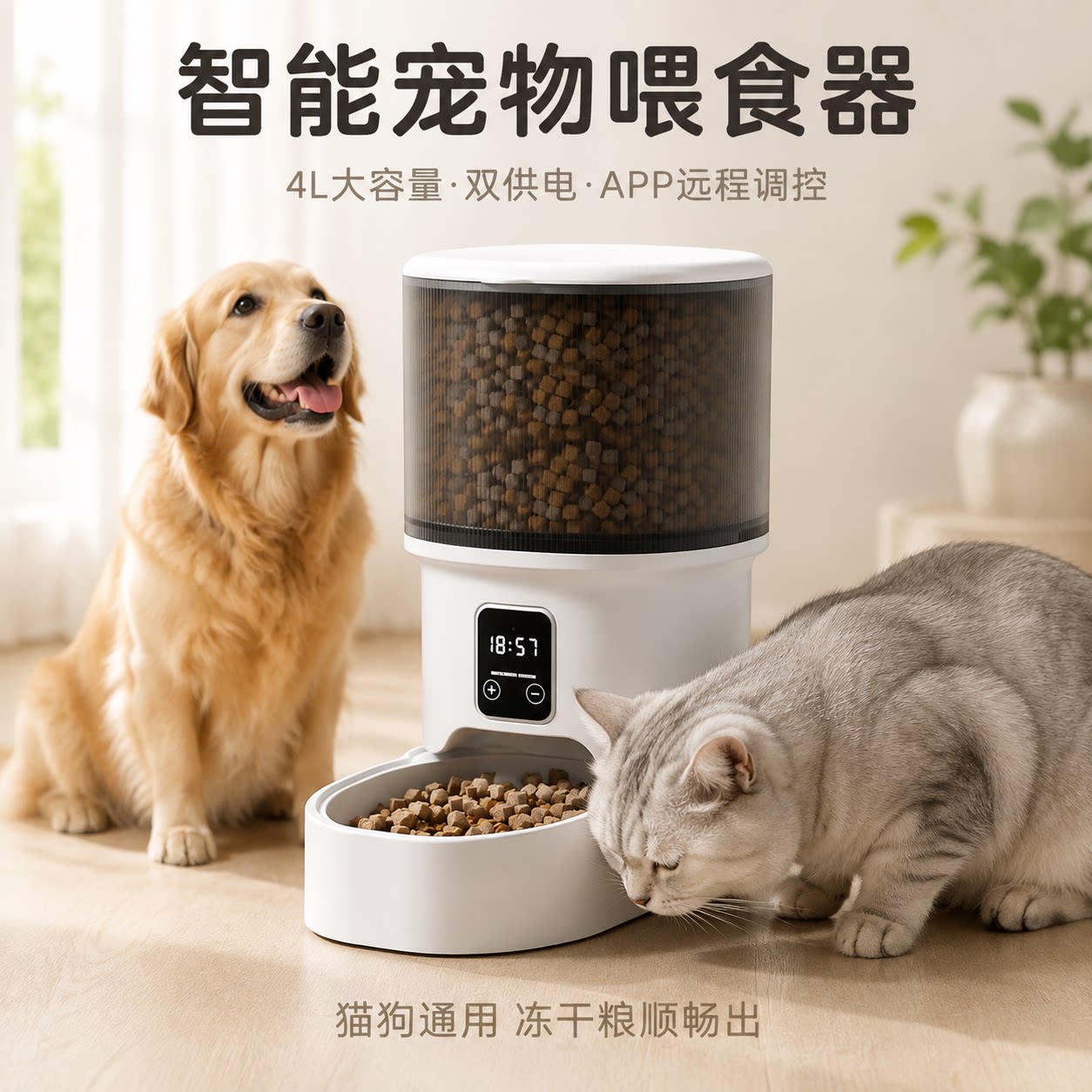 智能宠物自动喂食器可视WiFi带摄像语音通话远程互动双供电防断电