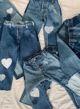 现货ins2024秋冬新品wunder新男女童手工拼接牛仔裤百搭直筒长裤