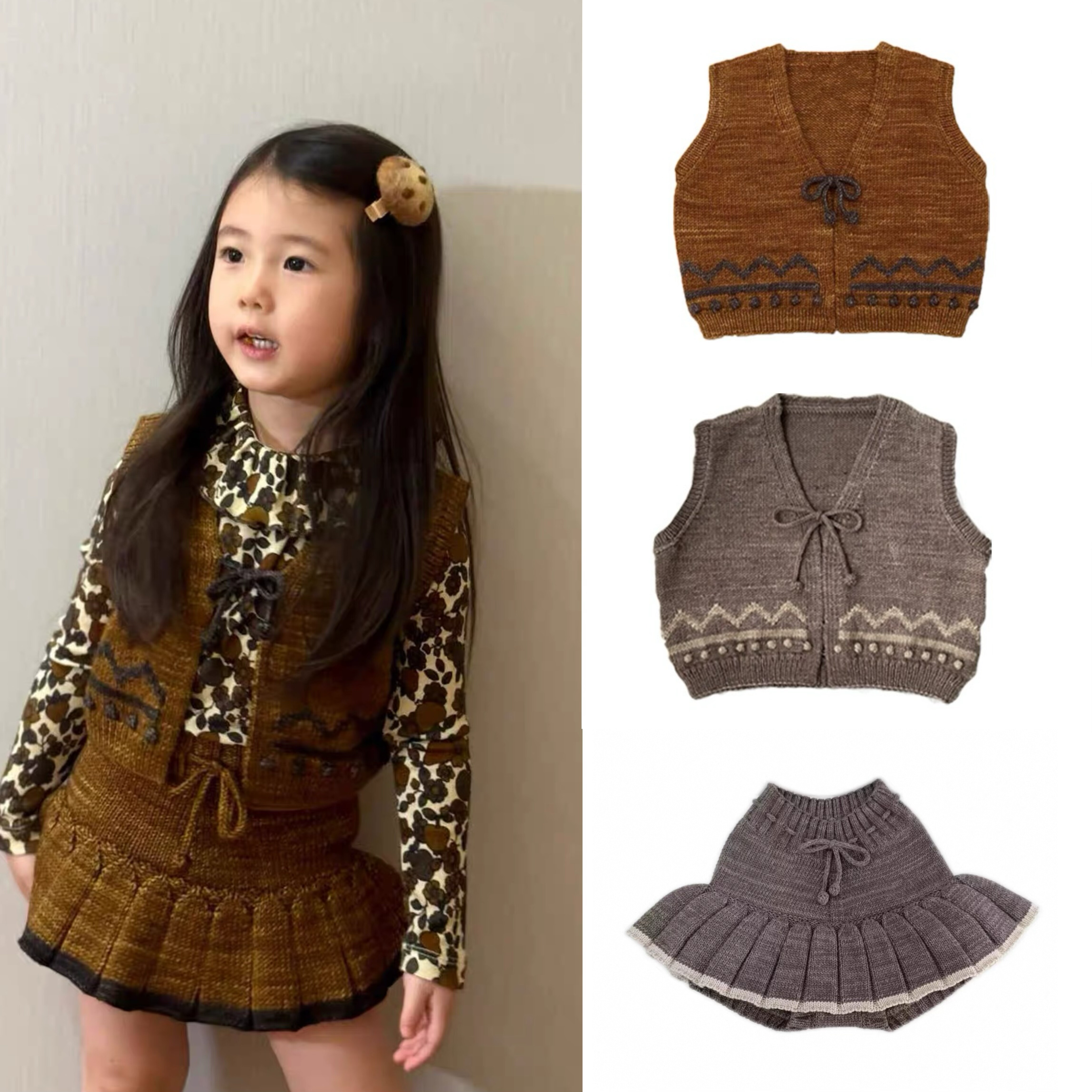 2025秋冬新款mp系列女童复古碎花领结上衣T恤针织马甲百褶裙套装