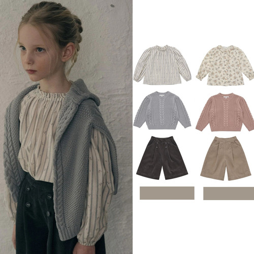 LOU2024秋冬新麻花羊毛混纺针织衫毛衣全棉灯芯绒阔腿裤衬衫套装