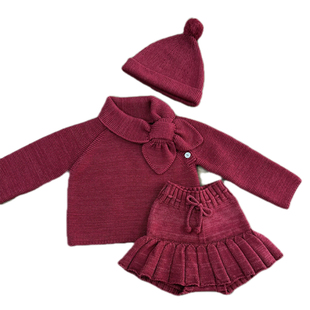 2024秋冬新款女童Mp新年圣诞节红色毛衣套装儿童领结针织衫裙裤