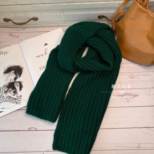 简约墨绿色针织毛线围巾针织厚围巾围脖学生百搭长款男女冬季韩版