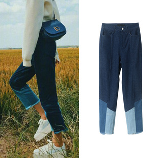 刘雯同款2021夏季新款高腰拼接牛仔裤韩版阔腿直筒九分裤女气质