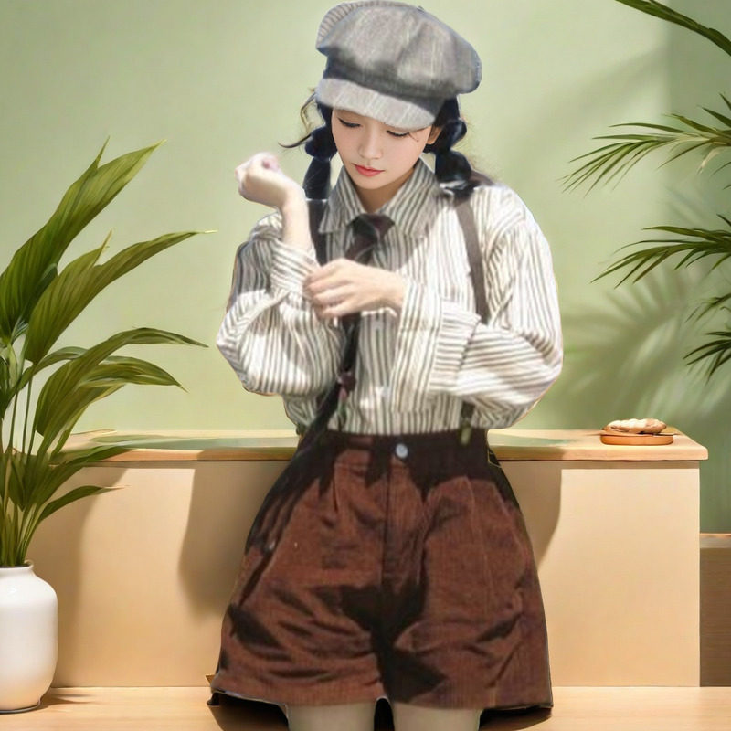 明星同款复古条纹设计感长袖衬衫上衣时尚背带裤短裤春秋款套装
