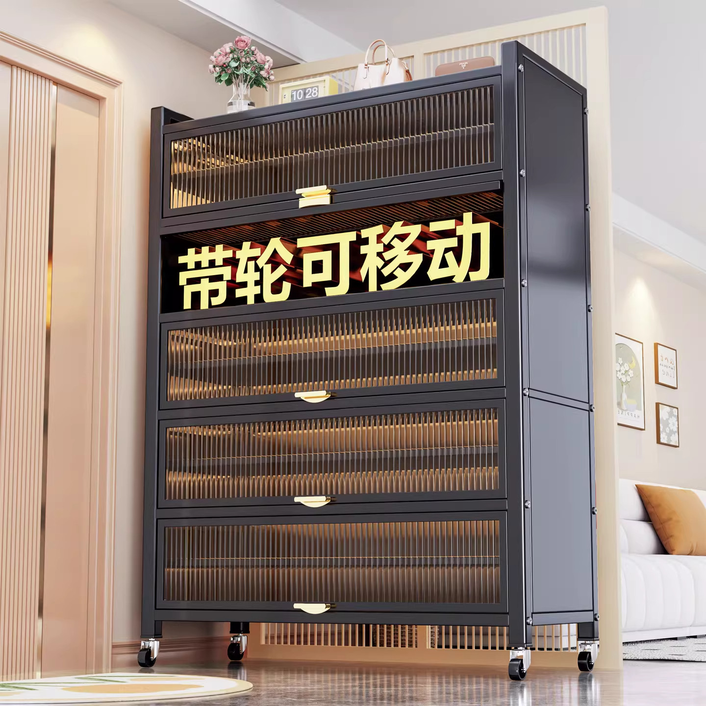 钢制带轮防尘玄关鞋柜图片