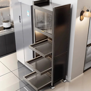 抽拉款带门置物架厨房夹缝柜冰箱侧面落地微波炉多功能加高收纳柜