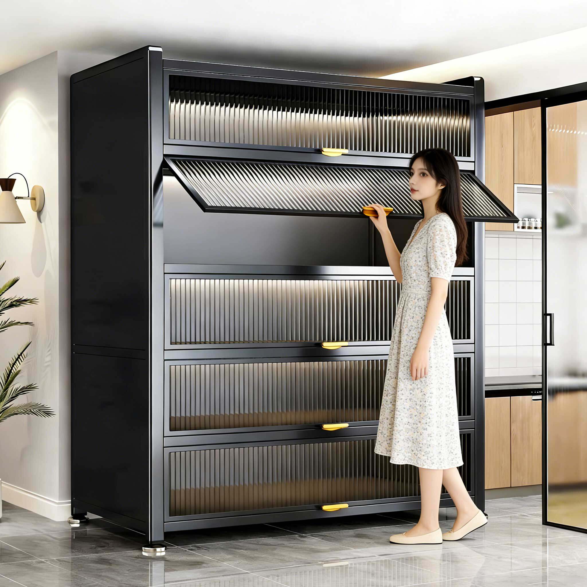 厨房置物架落地多层岩板靠墙一体收纳柜微波炉储物防尘钢制橱柜子 - 景行家居企业店出品