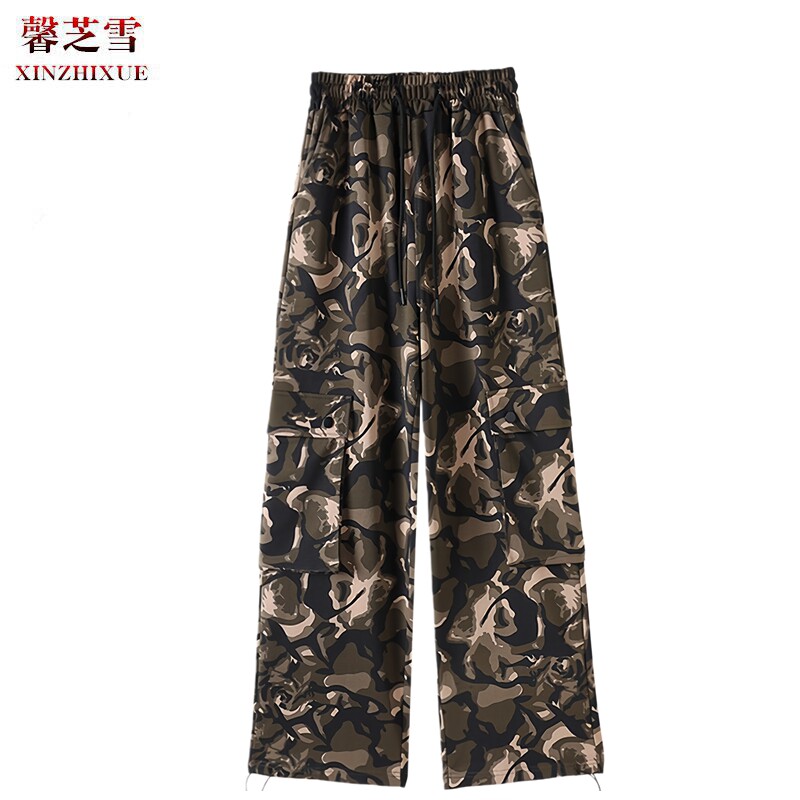 网红美式迷彩高腰宽松阔腿运动裤