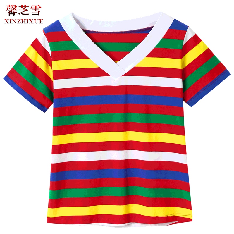 條紋t恤v領彈力棉演出運動廣場舞