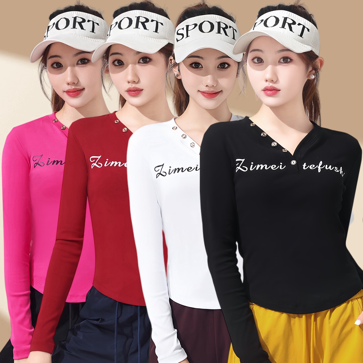 网红新款广场舞服装长袖t恤女V领钉扣字母印花上衣纯棉运动舞蹈服