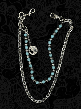 AVAVAVA蓝底黑纹松石手工串珠裤链复古街头单边可拆卸吊坠diy配饰