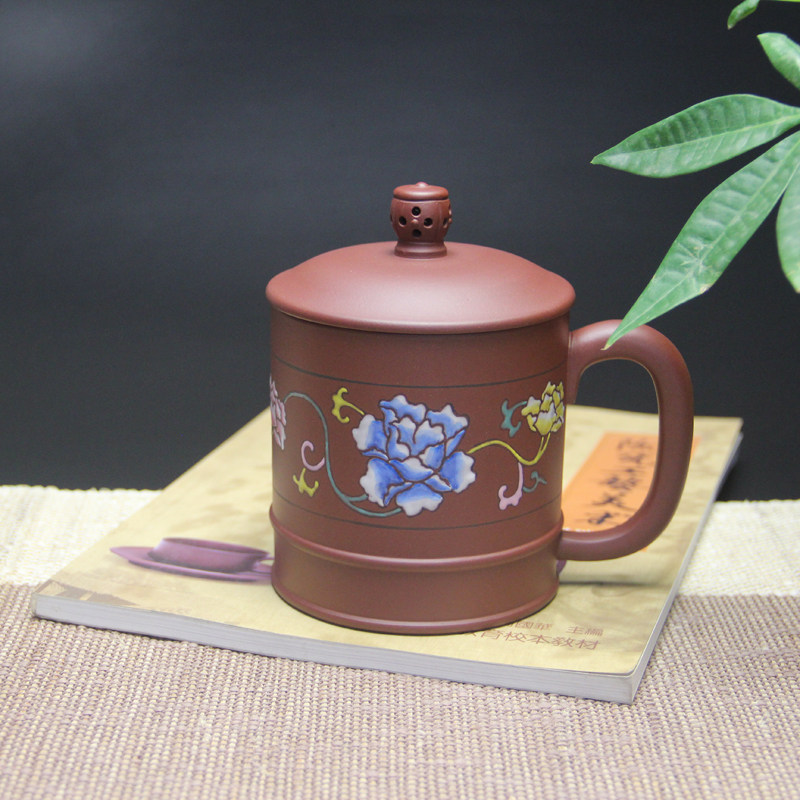 宜兴紫砂杯紫砂盖杯紫砂茶具办公杯家用茶杯点彩牡丹花杯花开富贵