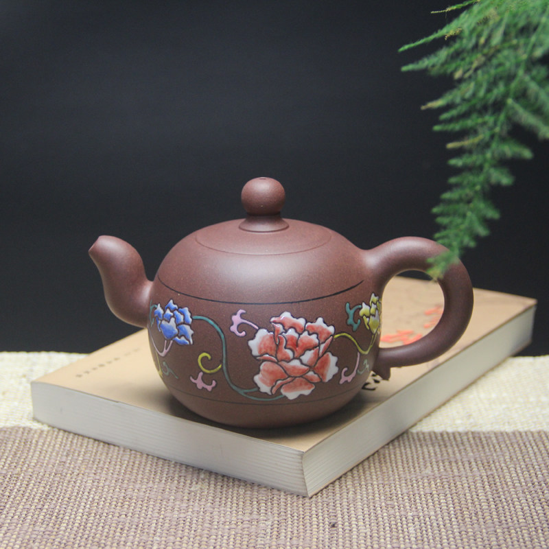宜兴紫砂原矿茶壶彩绘花开富贵