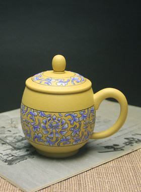 点彩青花盖杯紫砂手工绘画