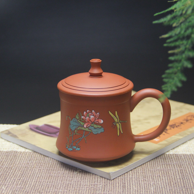 宜兴紫砂杯紫砂盖杯紫砂茶具办公家用茶杯朱泥主人杯点彩荷花蜻蜓