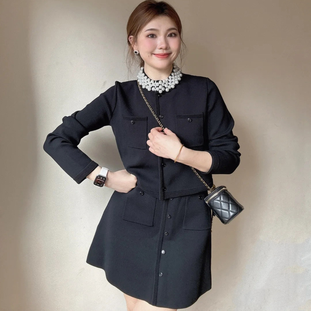 【小香风！千金穿搭！】25夏季黑色珍珠领短款外套A字针织短裙女,女装/女士精品,时尚套装,淘宝优惠券,粉丝福利购,淘宝优惠卷