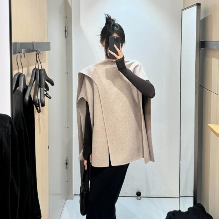 解构感羊毛双面呢围巾领斗篷大衣