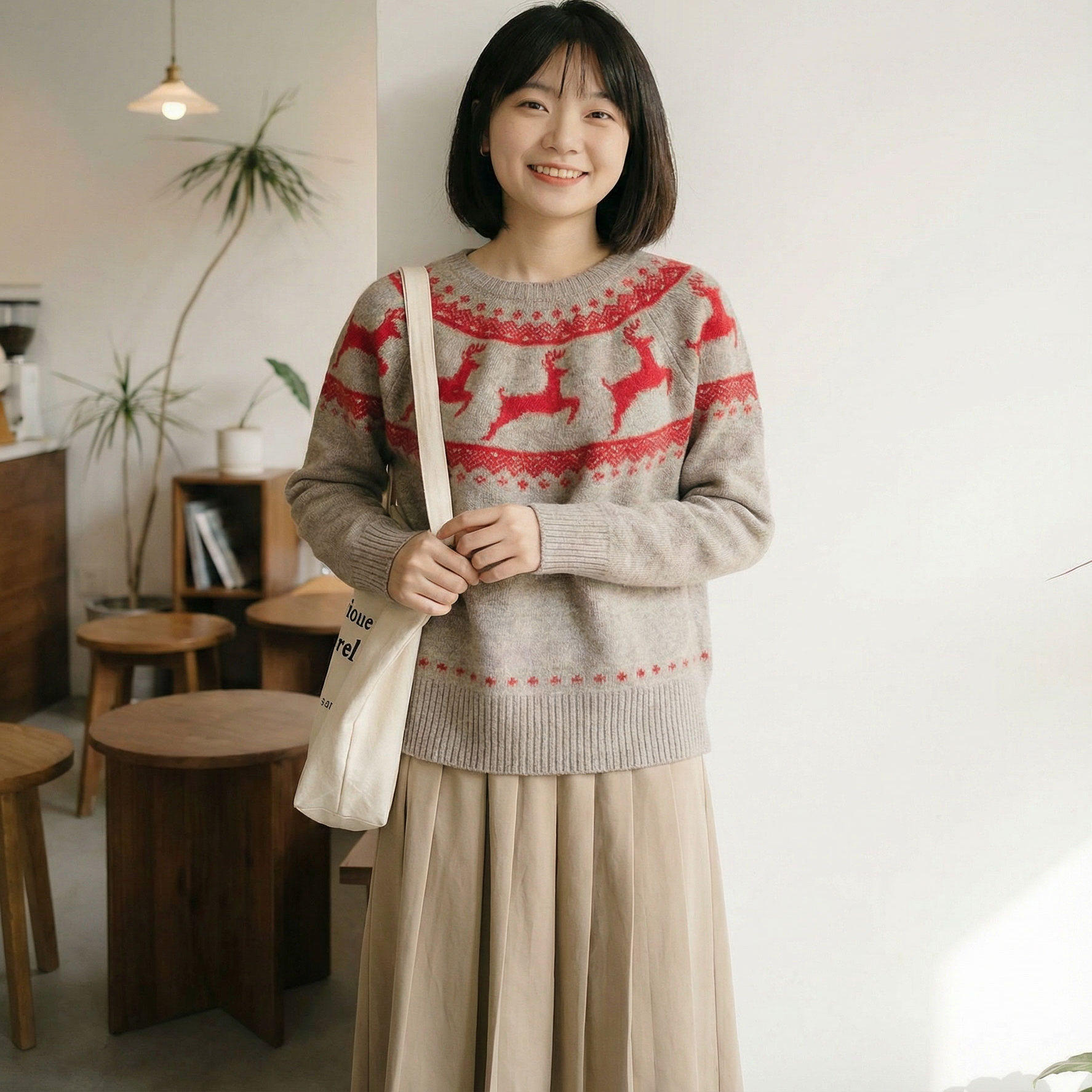 圣诞风撞色麋鹿提花圆领毛衣