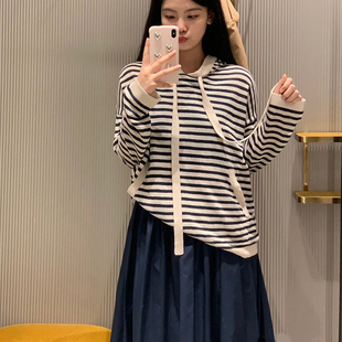 重点在面料 25春季 100亚麻 女 条纹减龄气质长袖 连帽针织衫