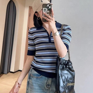 外贸原单 夏季 100天丝 女 撞色条纹翻领拉链短袖 针织polo衫