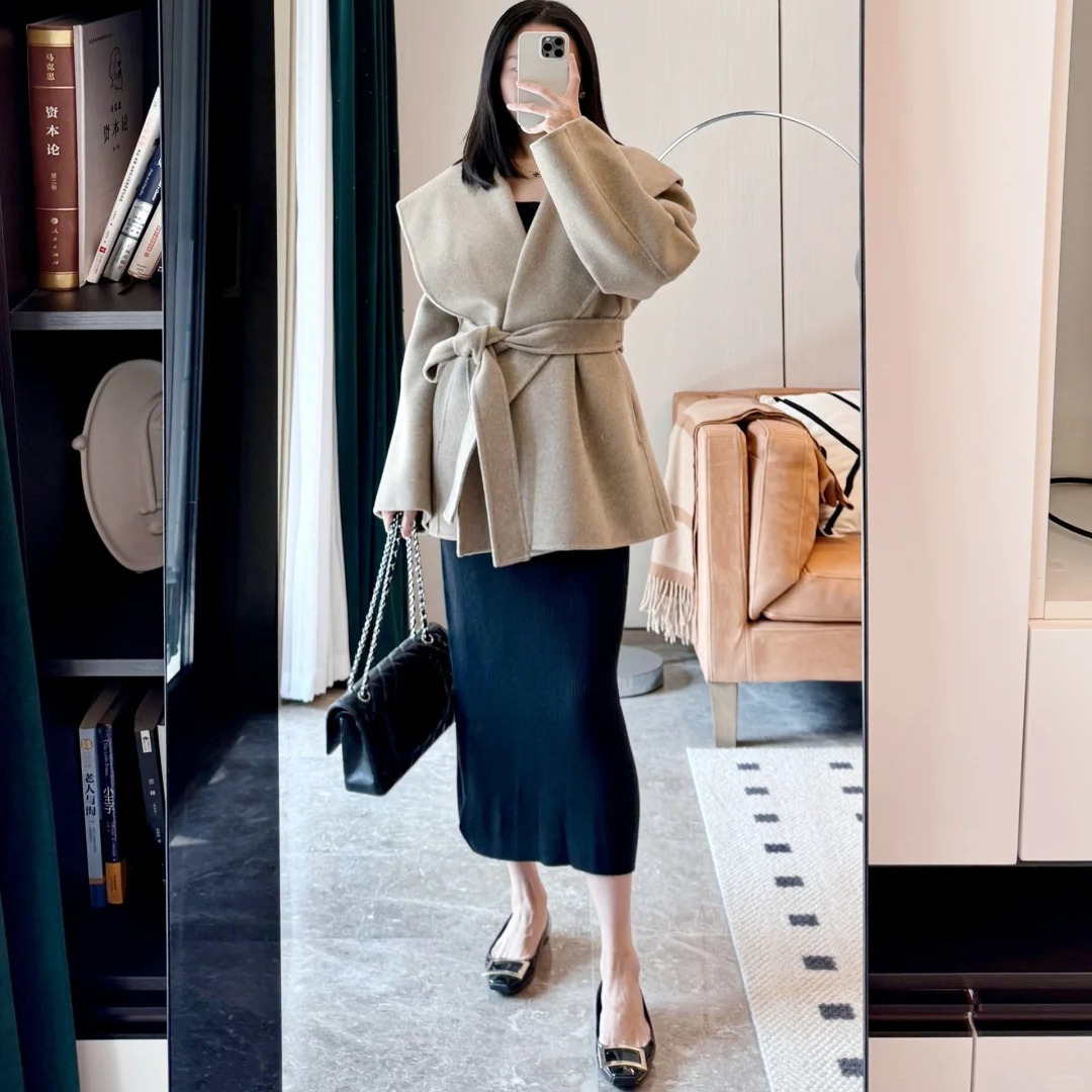 老钱毛呢系带收腰西装领显瘦大衣