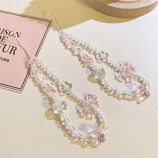 Korean Pink Bear Butterfly Flower Phone Strap Charm Chain Kn