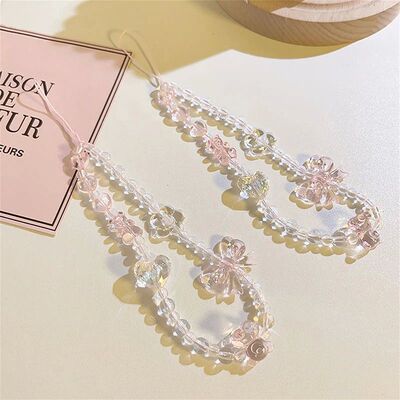 Korean Pink Bear Butterfly Flower Phone Strap Charm Chain Kn
