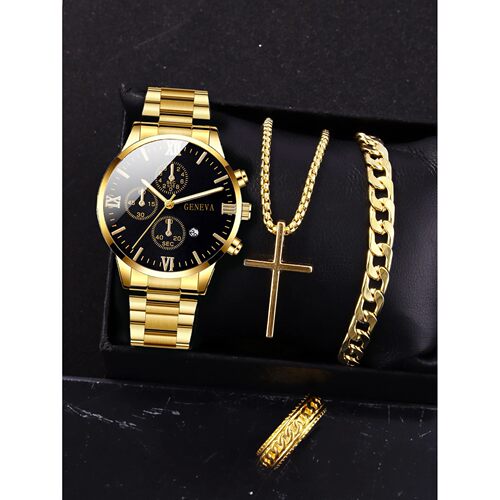 4pcs gold alloy Roman with calendar men's quartz watch and c