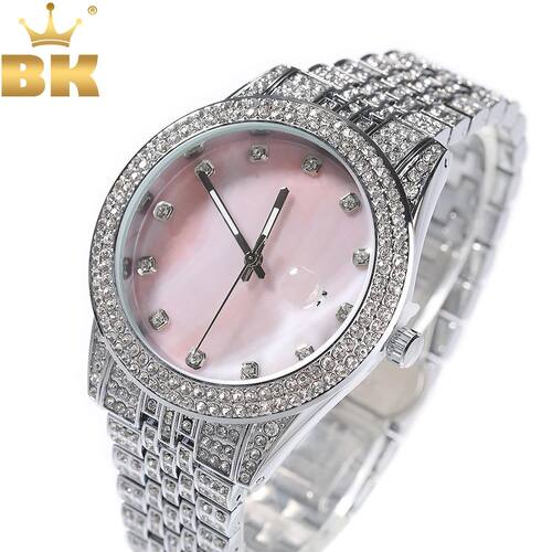 THE BLING KING Mother of Pearl Pink Dial Full Iced Out Two T