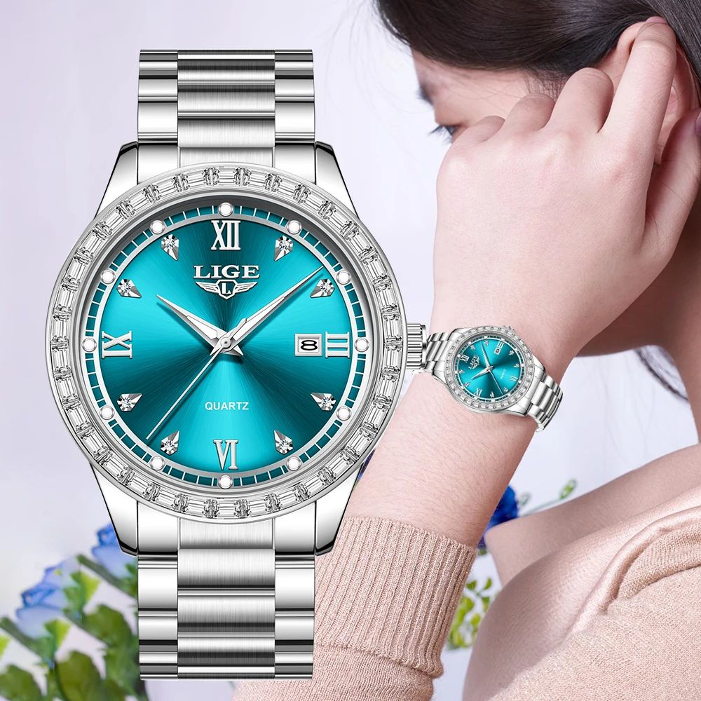 LIGE Original Quartz Watch for Women Diamond Dial Stainless